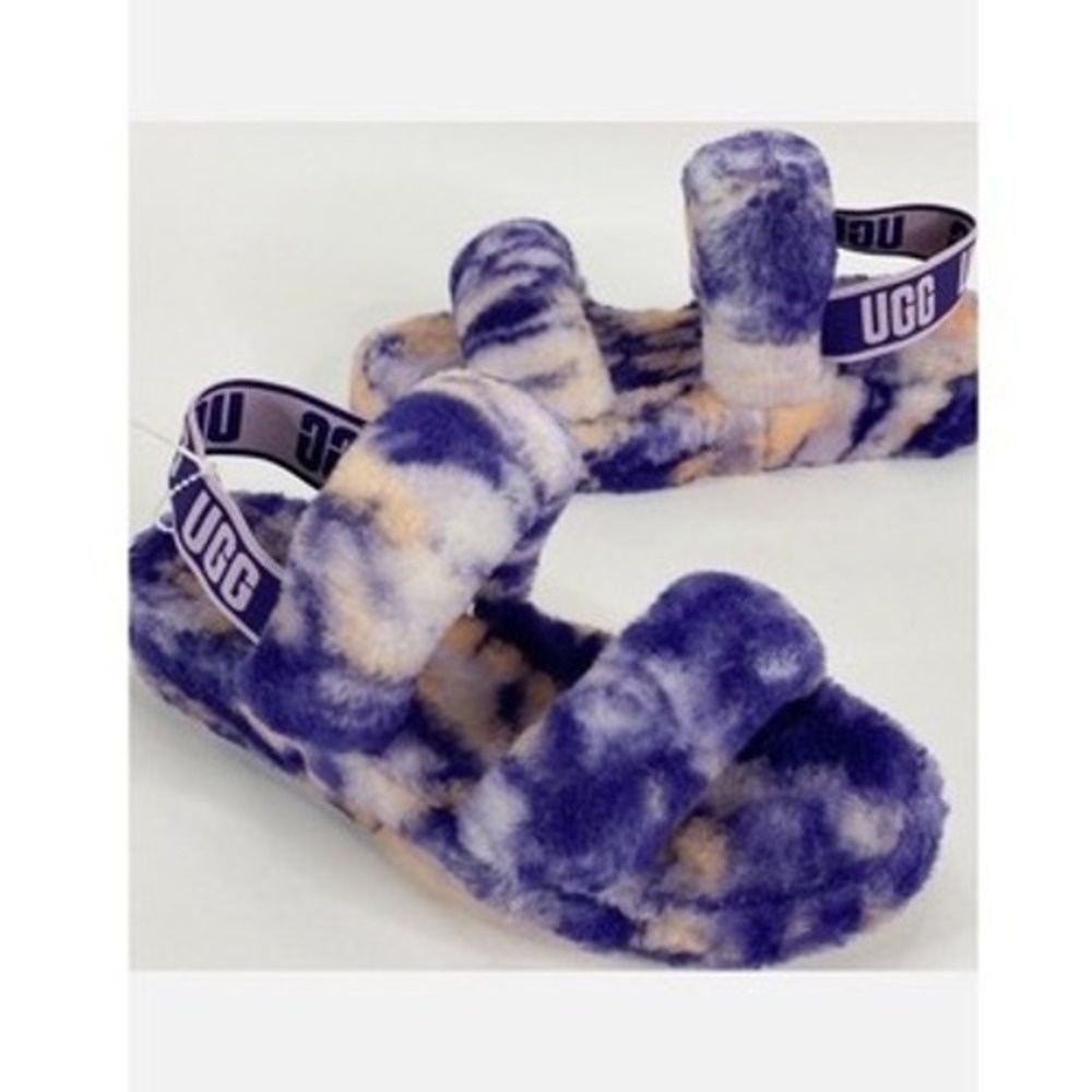 UGG Tie Dye Purple Orange Fur Sliders Slip Ons Slippers Women's Size 8/8.5